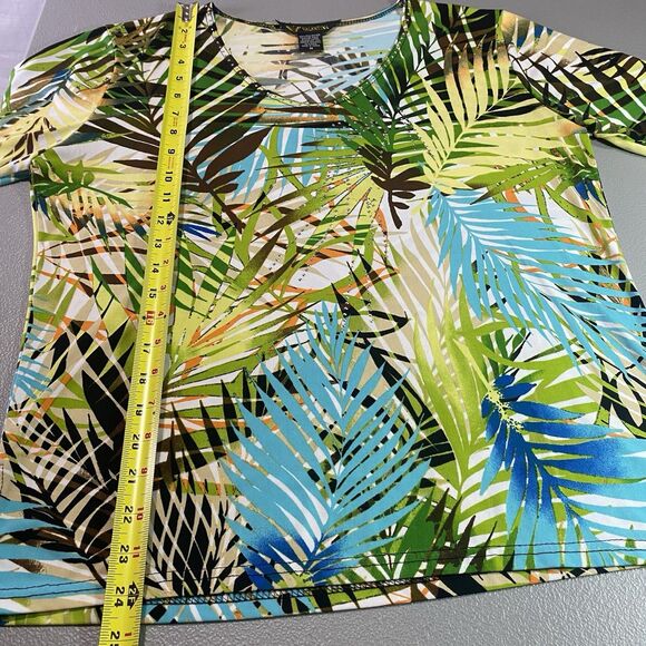 VALENTINA Top Scoop Neck 3/4 Sleeve Rhinestone Tropical Blouse Womens M Green - Picture 6 of 8